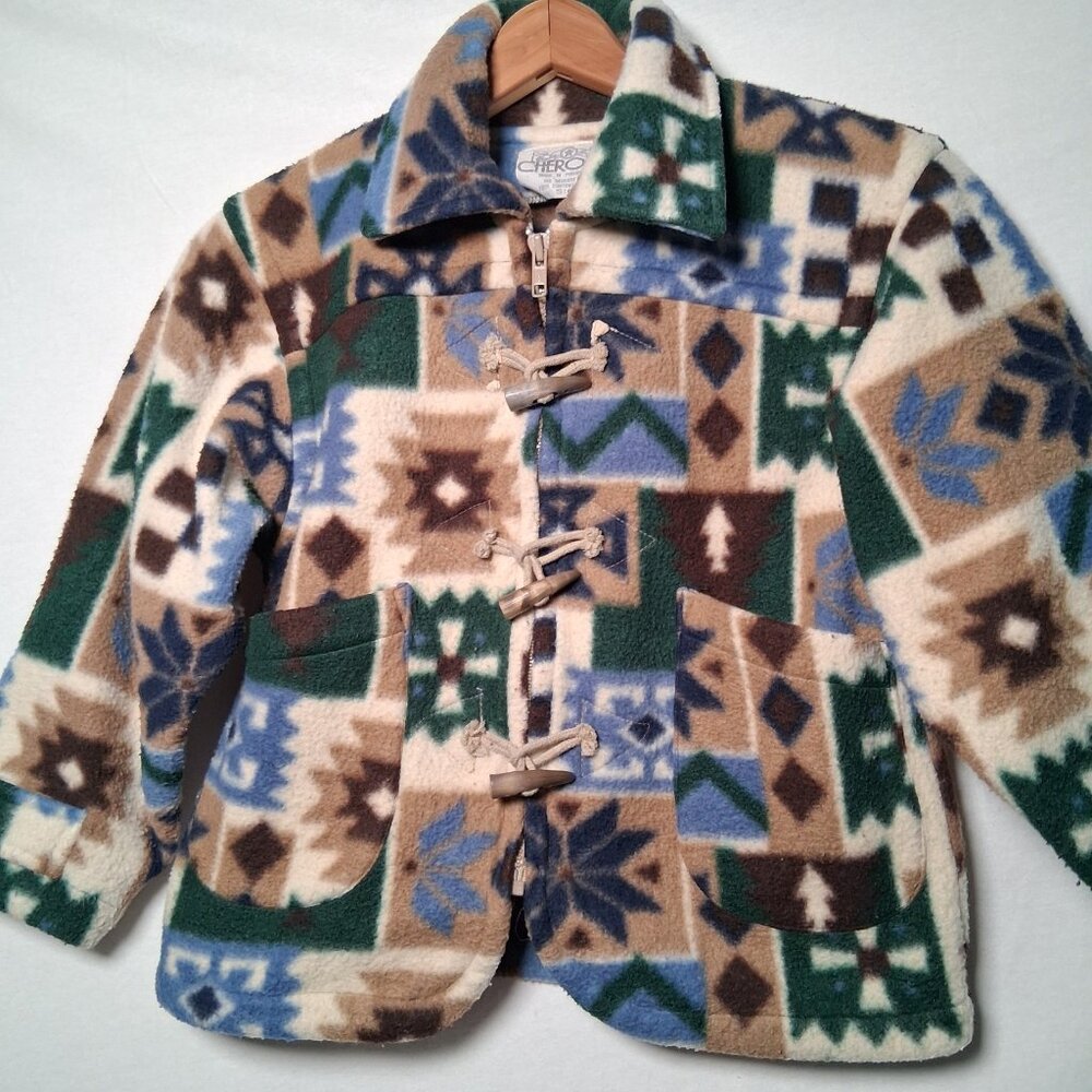 Vintage 1990s Cherokee Fleece Jacket Youth 6 Quilt Pattern Snowflake Gorpcore - Picture 2 of 15
